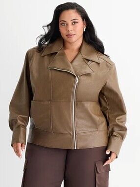 Ashley Graham Plus-Size Brown Faux Leather Zip Moto Jacket